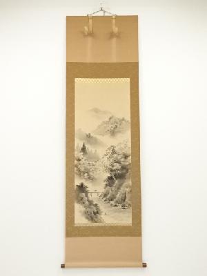 大泉筆　水墨山水　肉筆絹本掛軸（共箱）